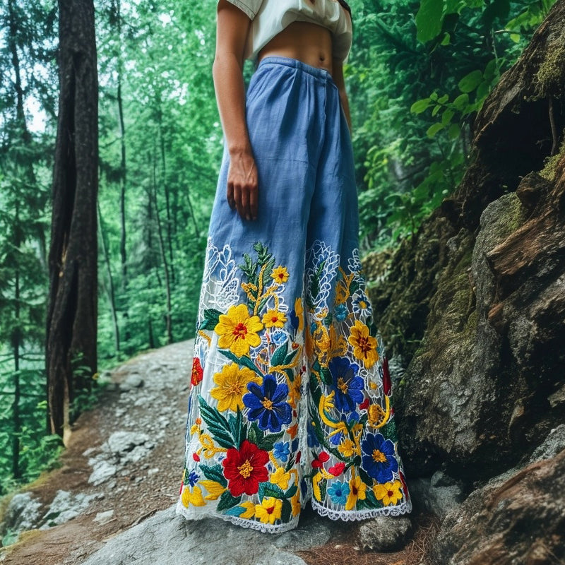 Vintage Floral Lace Embroidered Gradient Linen Pants