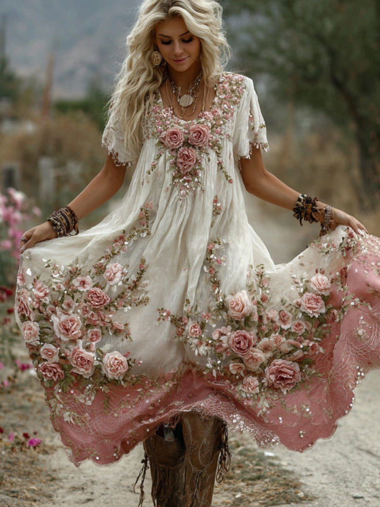 Women's Pink Flower Embroidery Linen Blend Short Sleeve Midi Dress