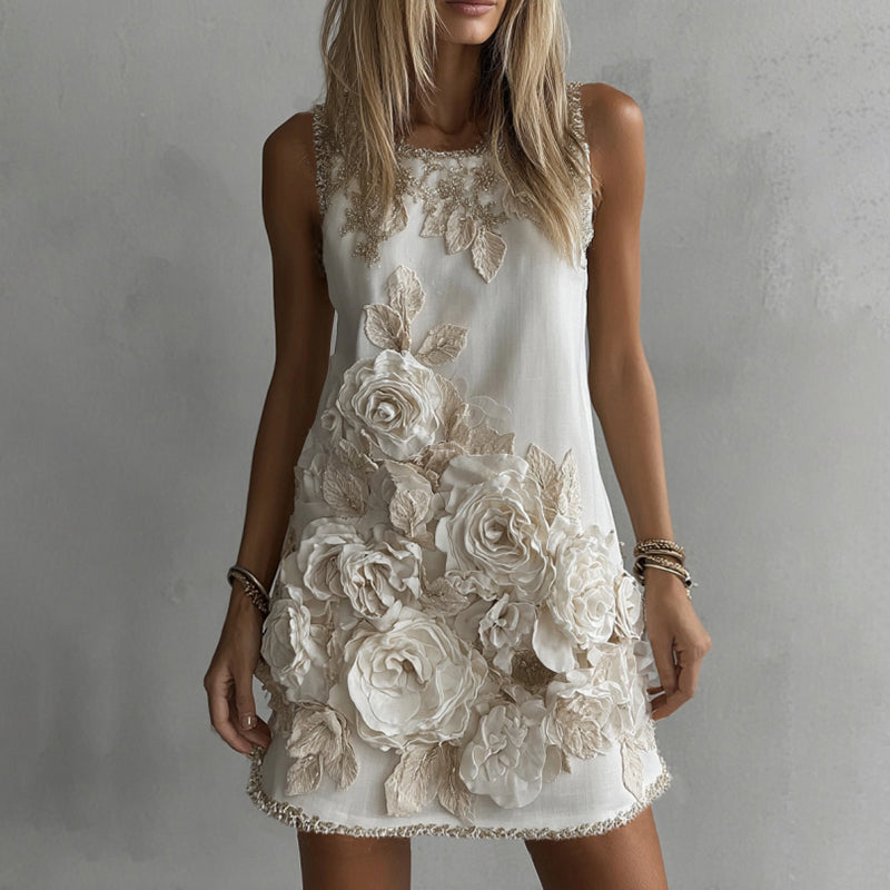 Women's White Rose Embroidered Art Round Neck Sleeveless Mini Dress