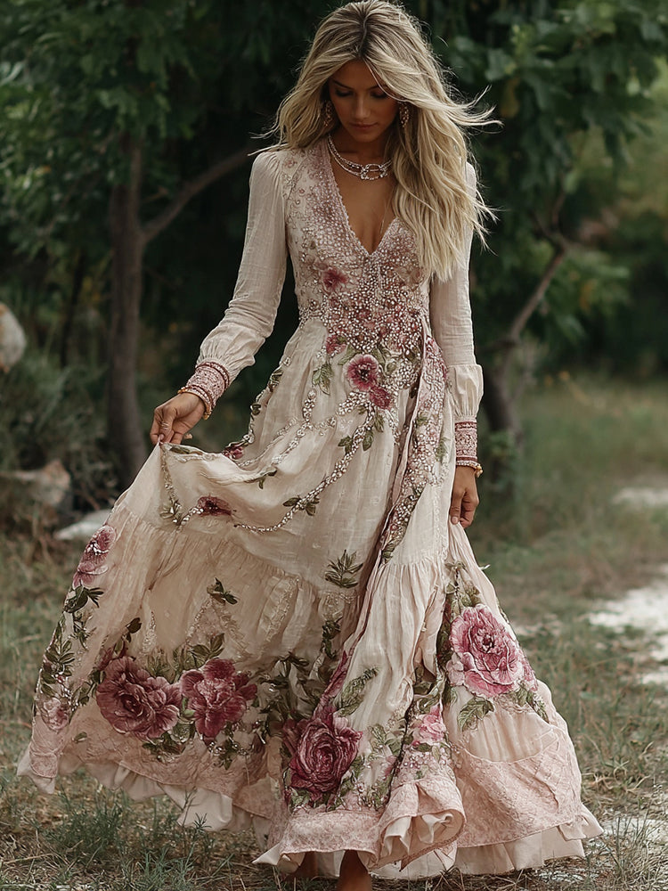 Women's Vintage Flowers Embroidery Art V-neck Long Sleeves Maxi Dress