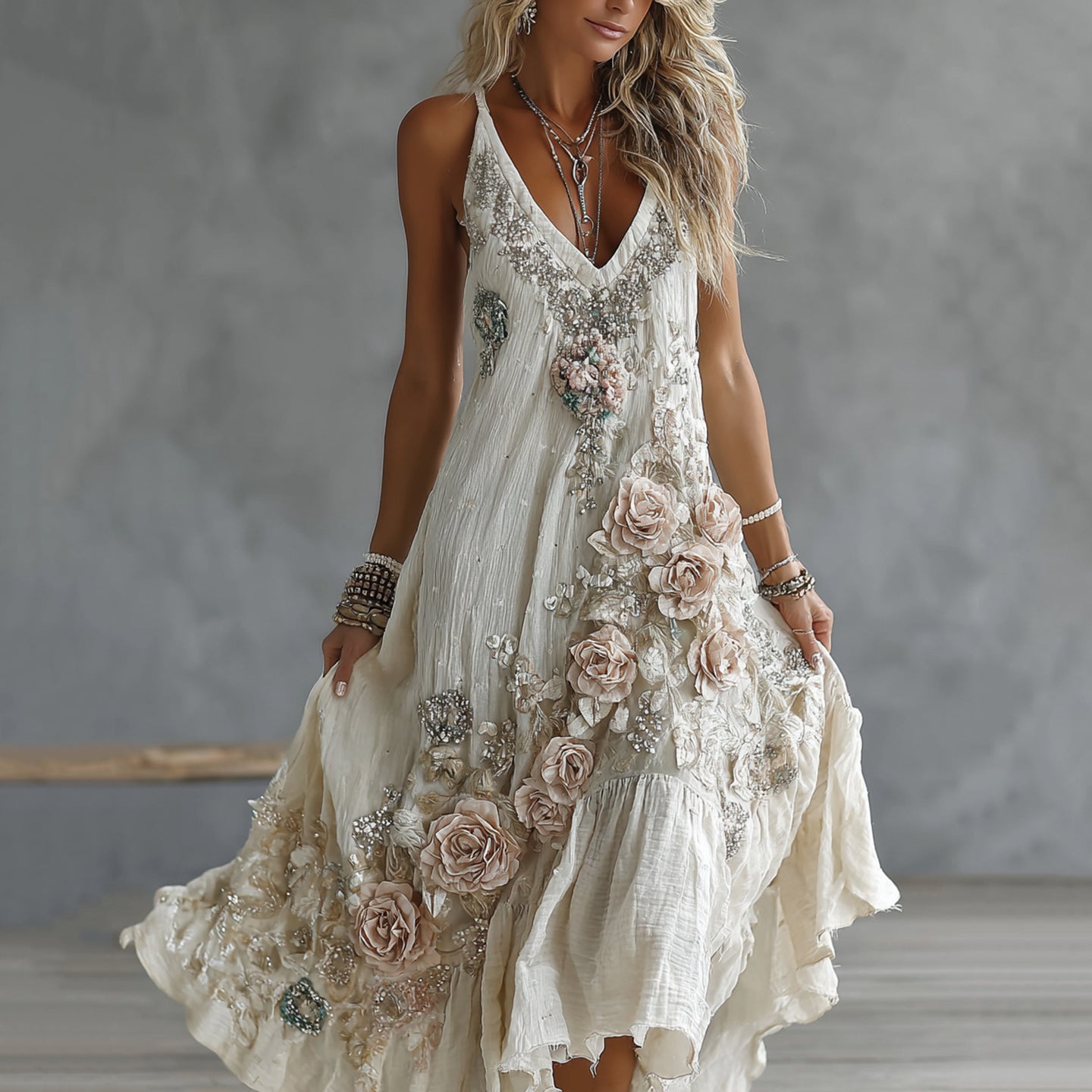 Women's Vintage Rose Embroidery V-neck Suspender Midi Dress
