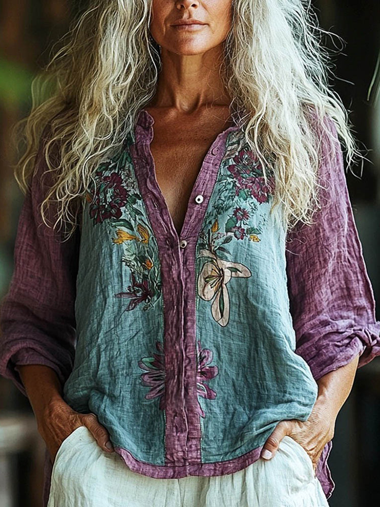 Bohemian Style Linen Floral Art Print Long Sleeve Shirt