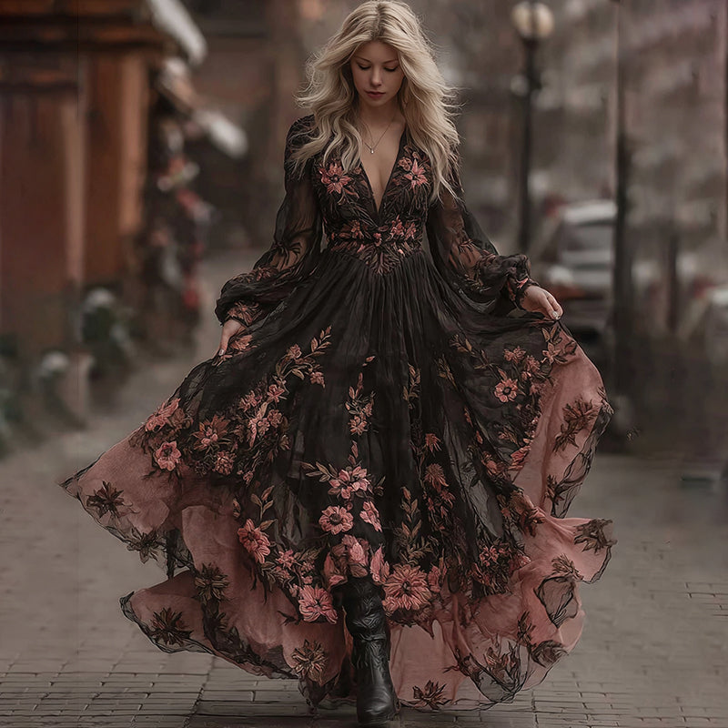 Vintage Rose Floral Lace Art V Neck Long Sleeve Maxi Dress