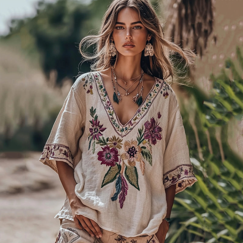Women's Floral Embroidery V Neck Casual Linen Top