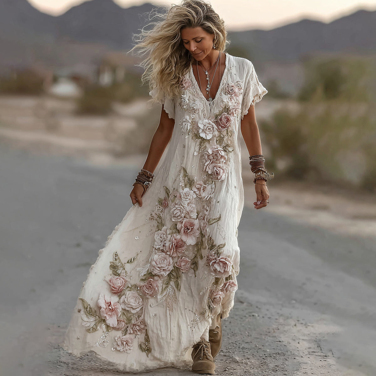 Women's Classic Romantic Pink Rose Embroidery Art Comfy Linen Midi Dress