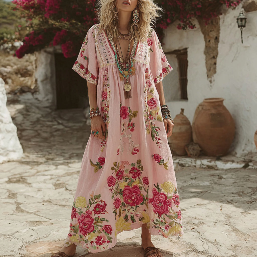 Women's Pink Rose Embroidery V-neck Short Sleeve Linen Blend Midi Dress