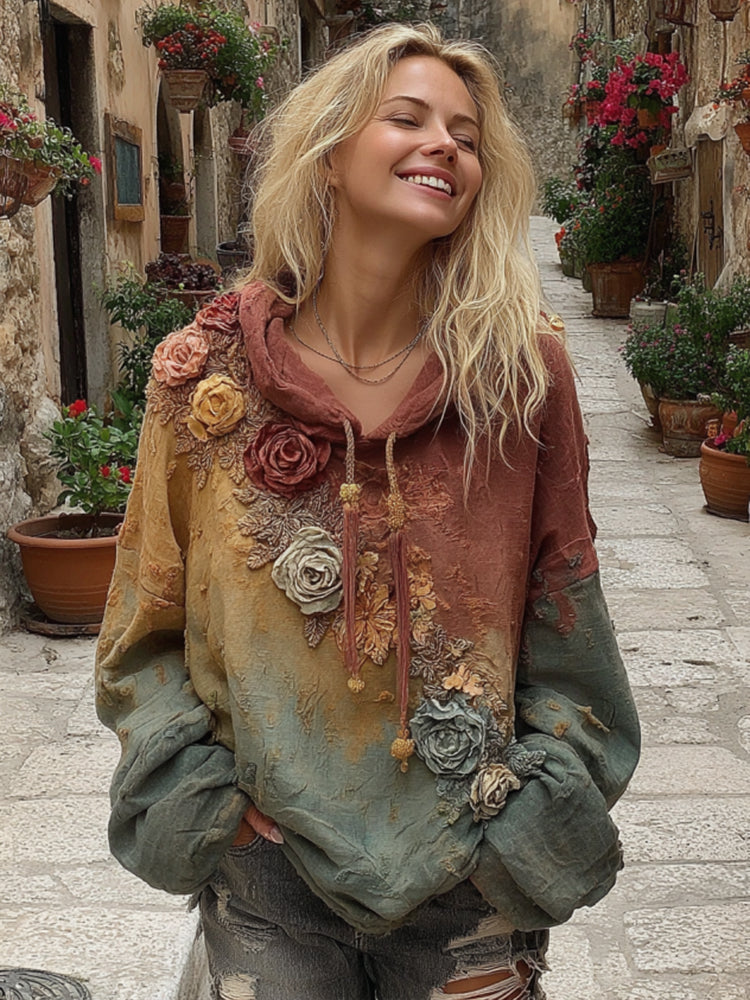 The Sunset Collection Women's Classic Bohemian Floral And Rose Gradient Cozy Warm Hoodie