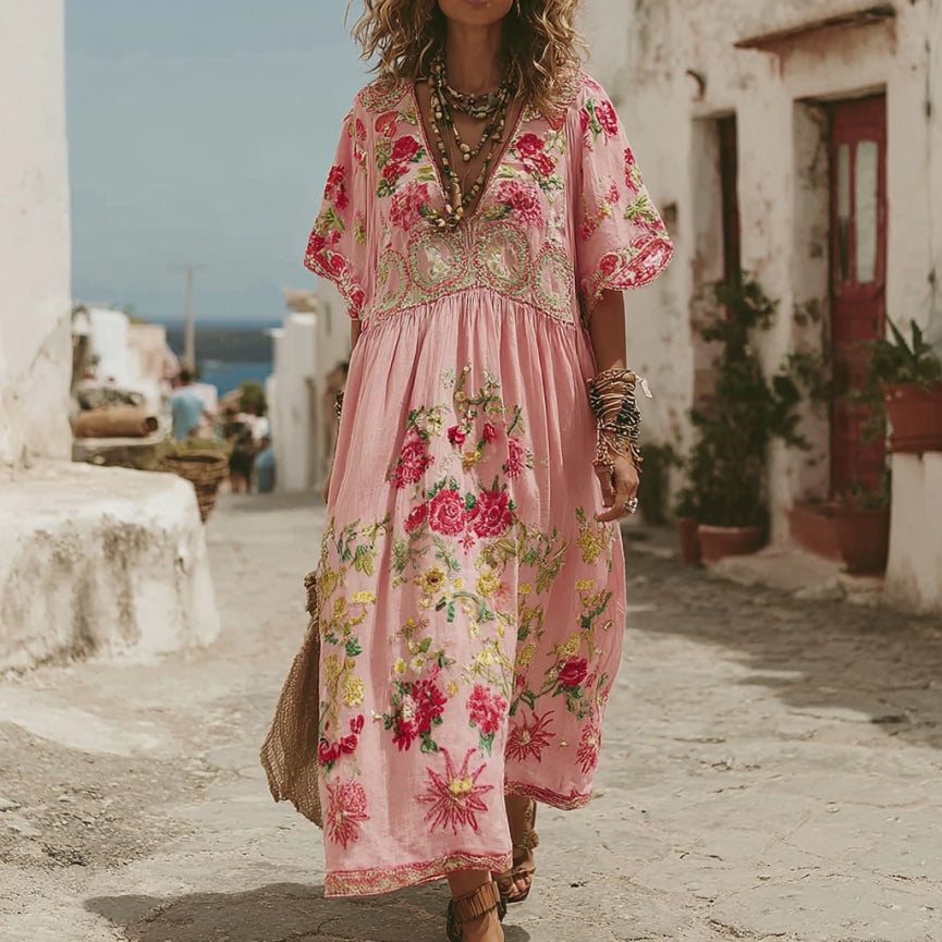 Women's Pink Rose Embroidery V-neck Linen Blend Midi Dress