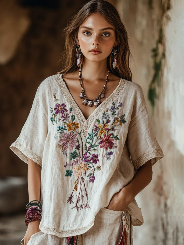 Women's Floral Embroidery V Neck Casual Linen Top