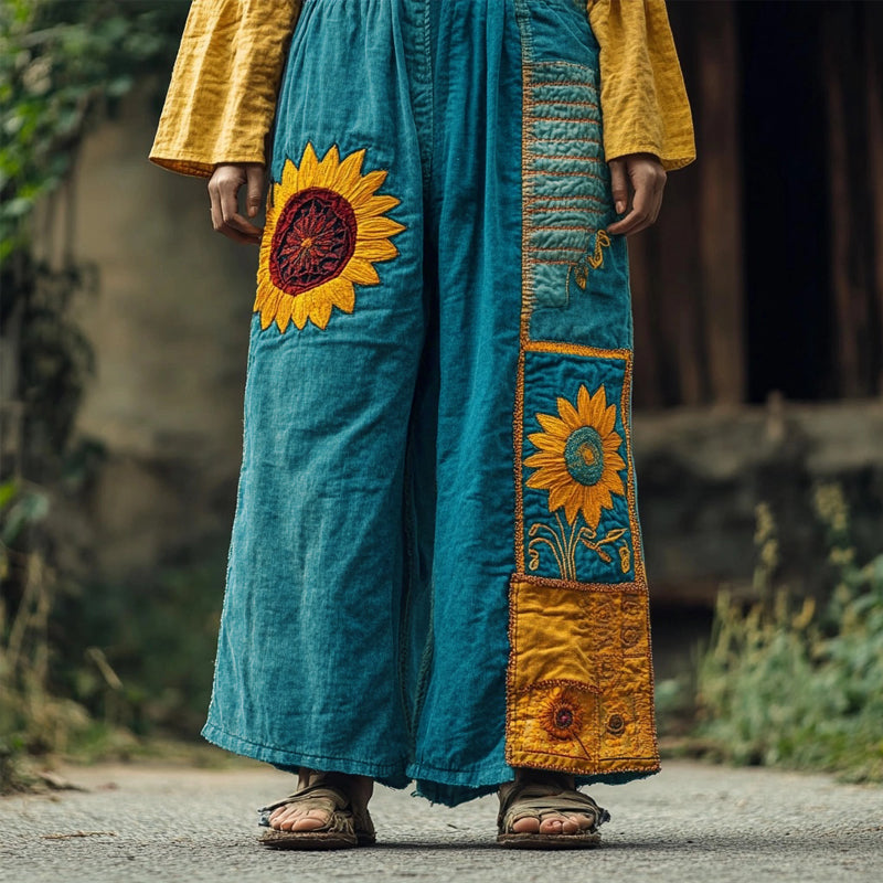 Vintage Folk Floral Embroidered Patchwork Linen Blend Casual Pants