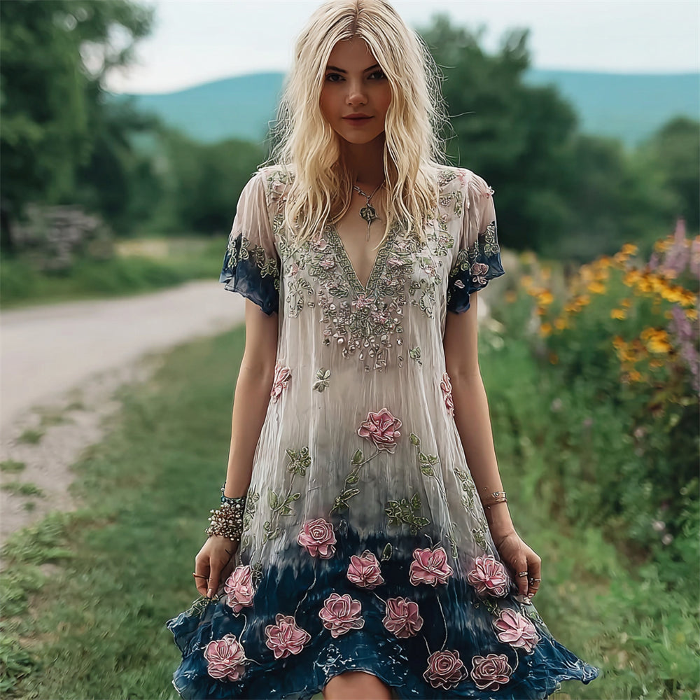 Vintage Boho Floral Sequin Embroidery Women's Flowing Short Sleeve Mini Dress