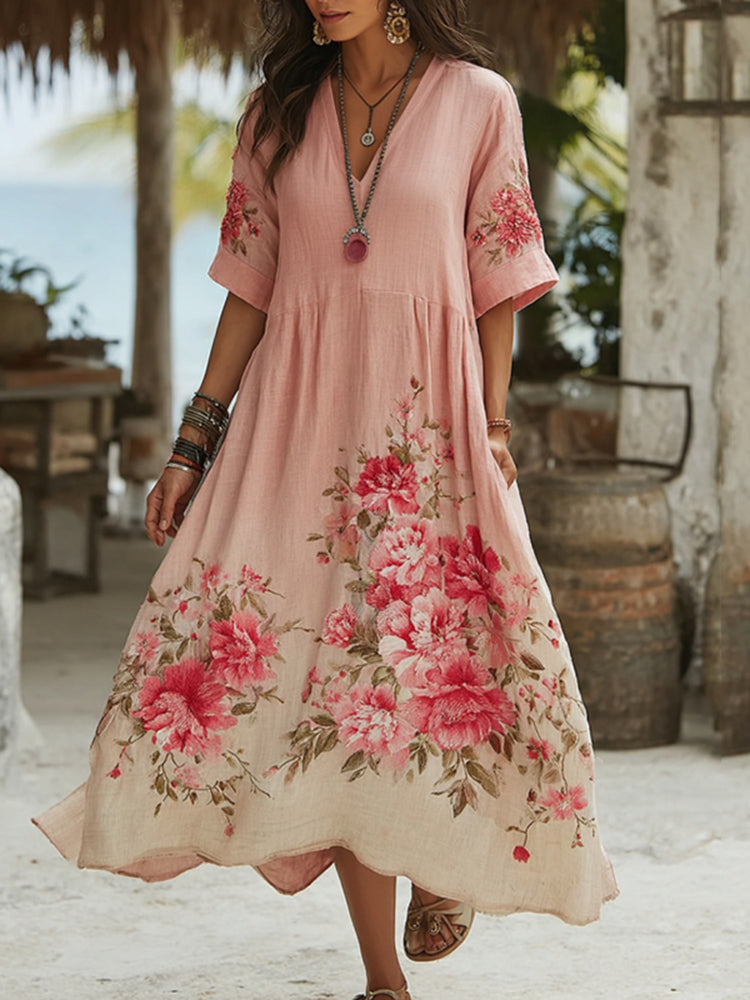 Women's Vintage Floral Gradient Art Linen Midi Dress