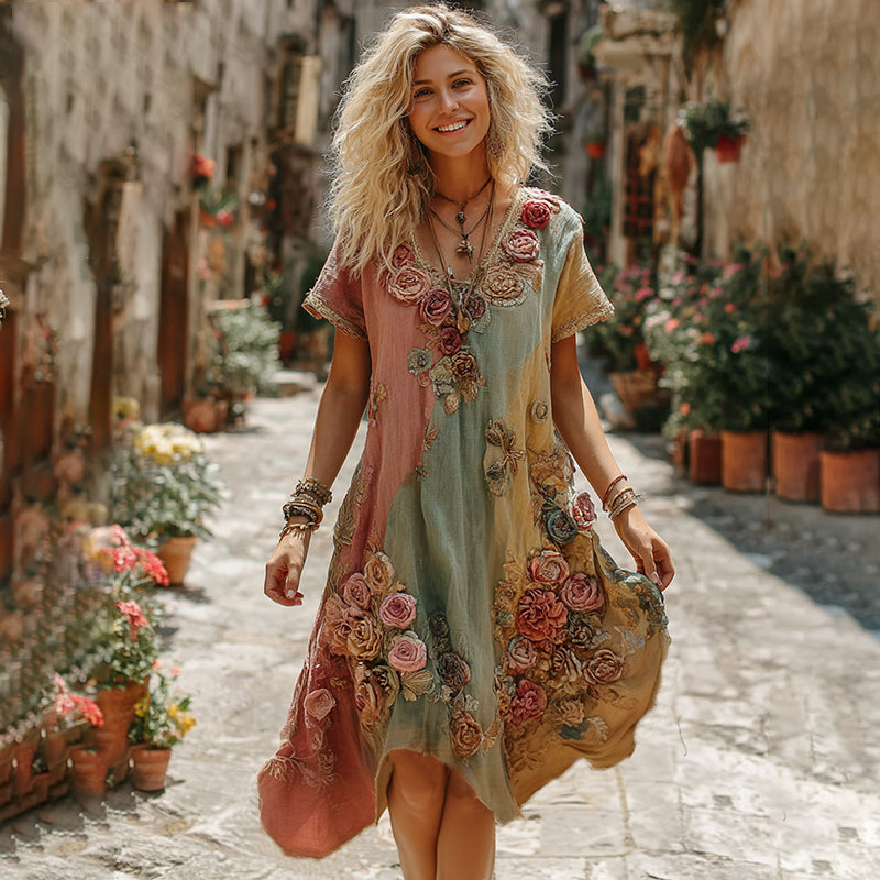 The Ice Cream Collection Women's Classic Bohemian Floral And Rose Gradient Art Linen V Neck Midi Dress