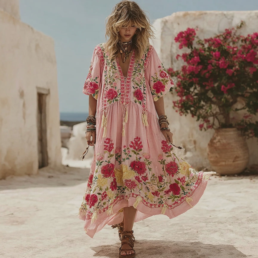 Women's Pink Rose Embroidery Bohemian V-neck Linen Blend Midi Dress