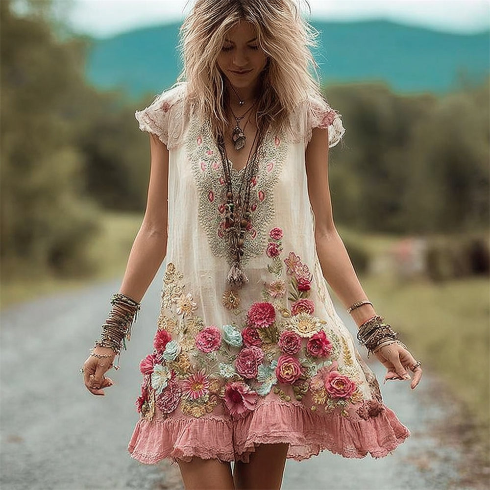 Boho Floral Art Embroidery Women's Linen Short Sleeve Mini Dress