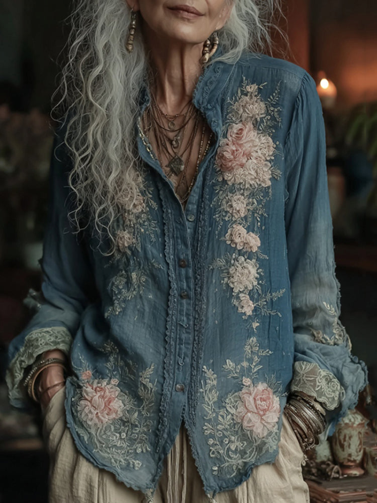 Women's Vintage Floral Embroidered Art Comfy Linen Shirt