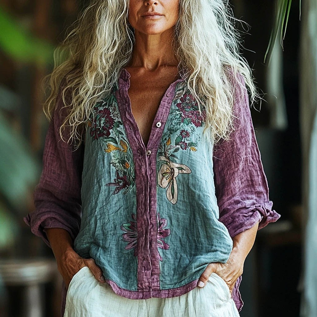 Bohemian Style Linen Floral Art Print Long Sleeve Shirt