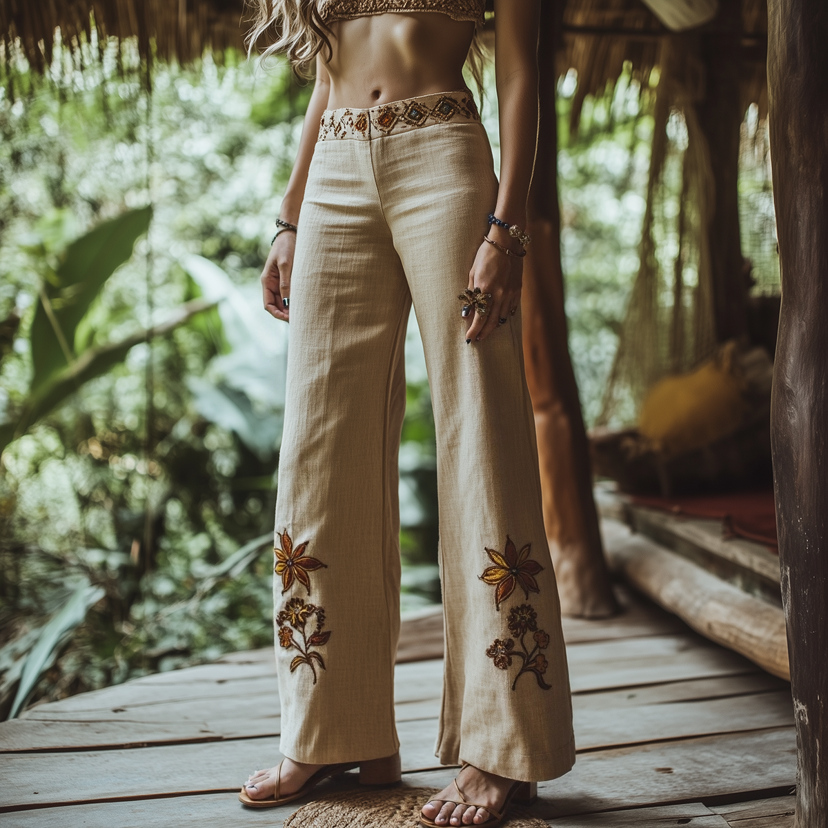 Women's Ethnic Embroidered Linen Casual Pants