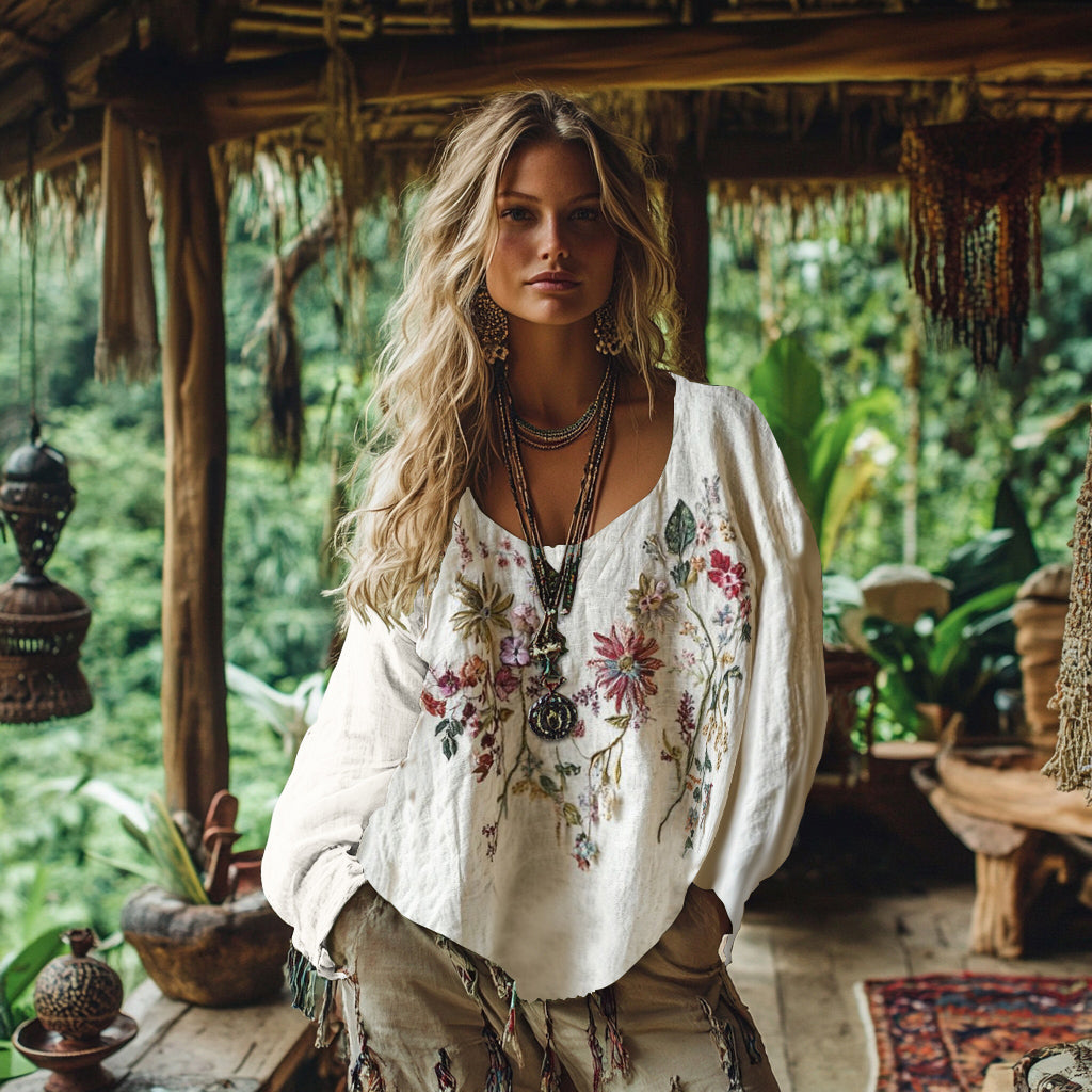 Retro Bohemian Floral Embroidery Art Graphics Cotton And Linen Blend Loose Blouse