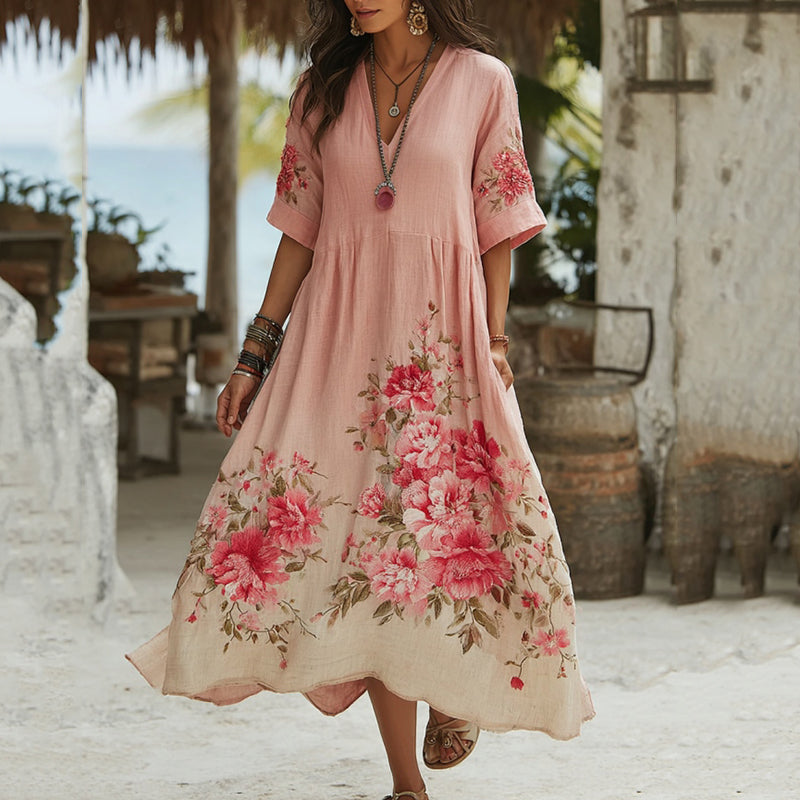 Women's Vintage Floral Gradient Art Linen Midi Dress