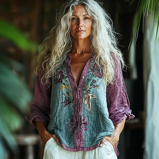Bohemian Style Linen Floral Art Print Long Sleeve Shirt