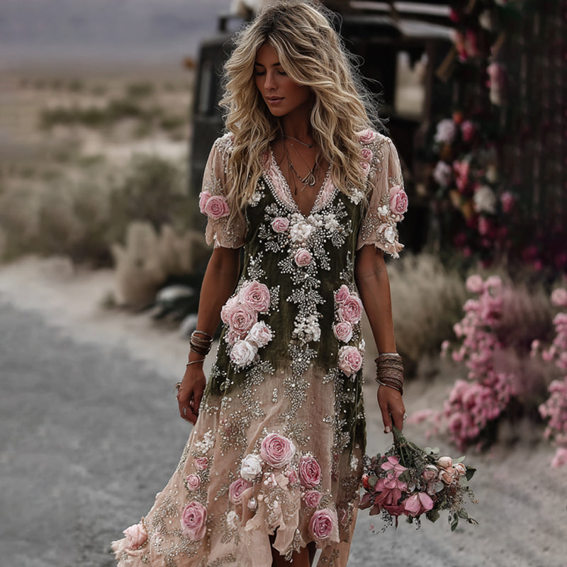 Women's Vintage Romantic Pink Rose Embroidery Art Comfy Linen Midi Dress