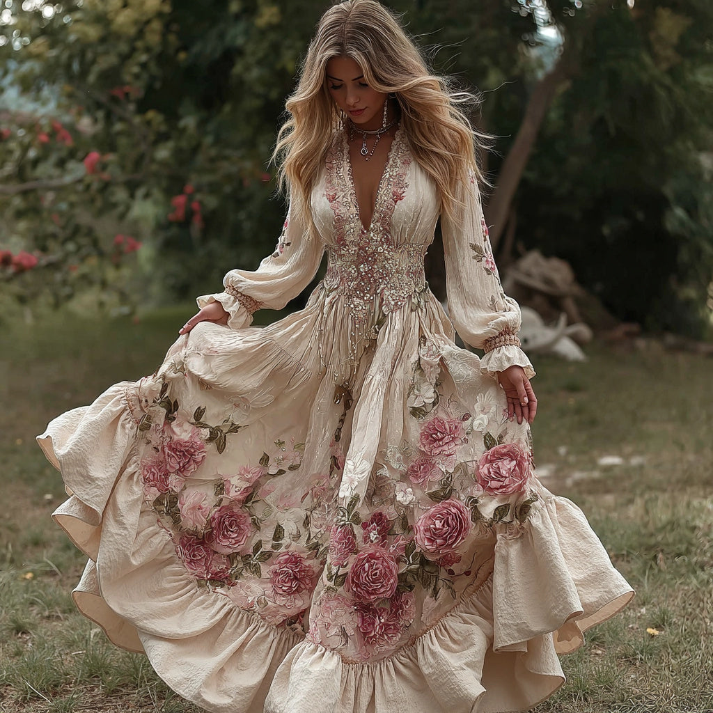 Women's Vintage Roses Embroidery Art V-neck Long Sleeves Maxi Dress