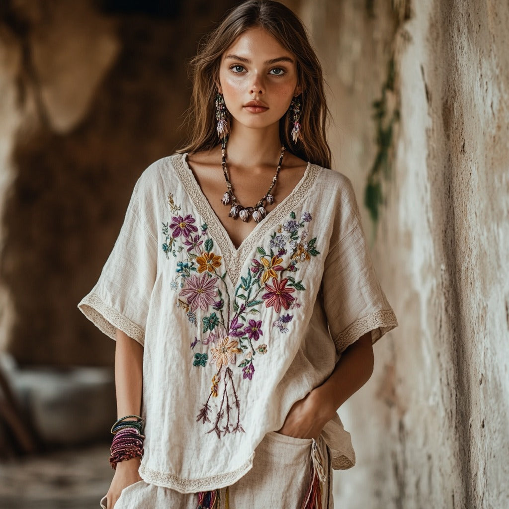 Women's Floral Embroidery V Neck Casual Linen Top