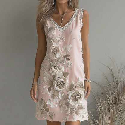 Women's Vintage Rose Art V-neck Sleeveless Mini Dress