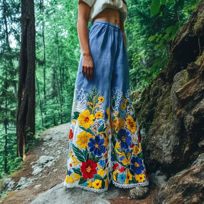 Vintage Floral Lace Embroidered Gradient Linen Pants