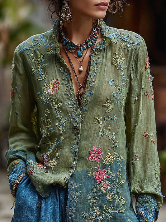Women's Vintage Floral Embroidered Casual Shirt