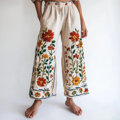Bohemian Ethnic Floral Embroidery Women's Linen Trouser