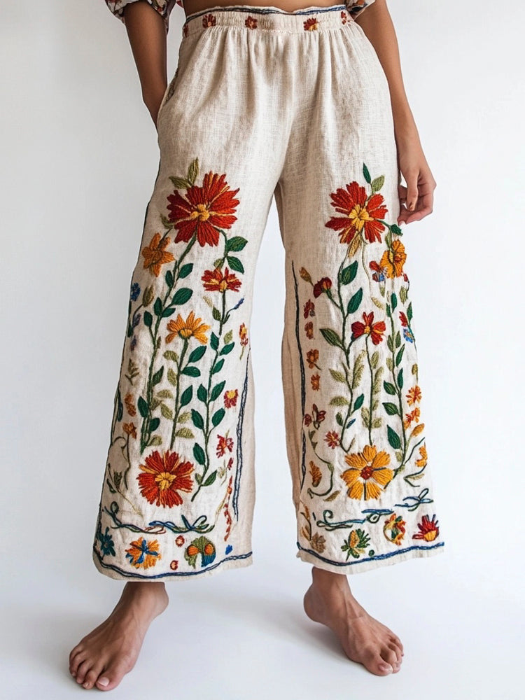 Bohemian Ethnic Floral Embroidery Women's Linen Trouser