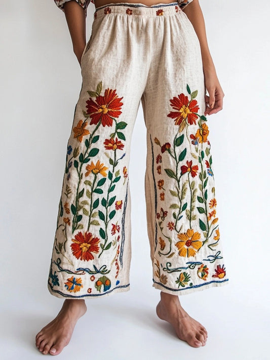 Bohemian Ethnic Floral Embroidery Women's Linen Trouser