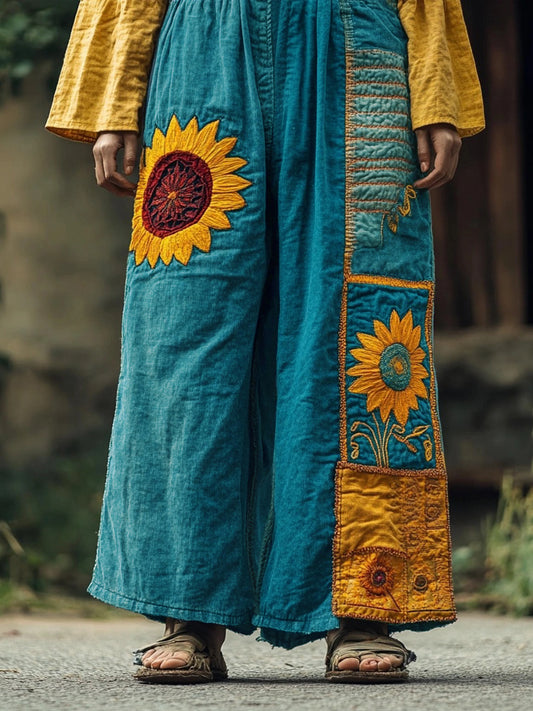 Vintage Folk Floral Embroidered Patchwork Linen Blend Casual Pants