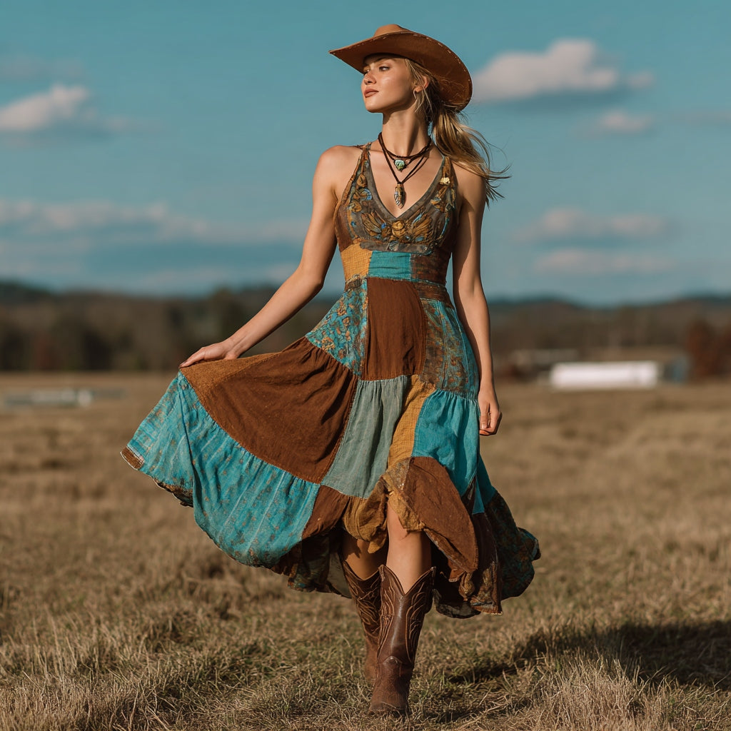 Vintage Western Style Patchwork V-neck Suspender Midi Dress