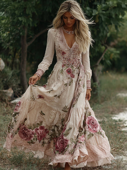 Women's Vintage Flowers Embroidery Art V-neck Long Sleeves Maxi Dress
