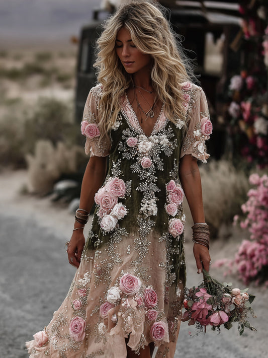 Women's Vintage Romantic Pink Rose Embroidery Art Comfy Linen Midi Dress
