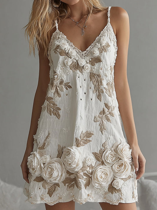 Women's Vintage White Rose Embroidered V-neck Suspender Mini Dress