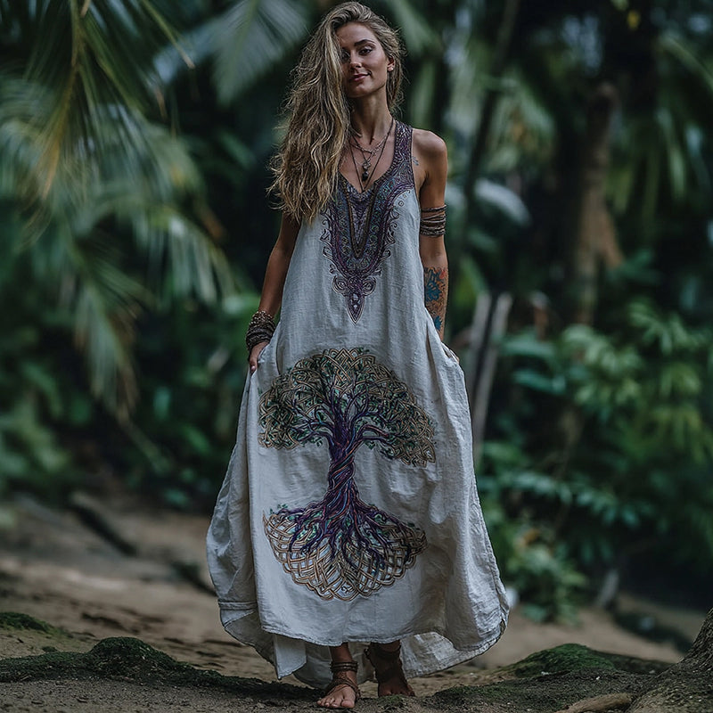 Women's Viking Tree Of Life Print V-neck Tank Midi Dress