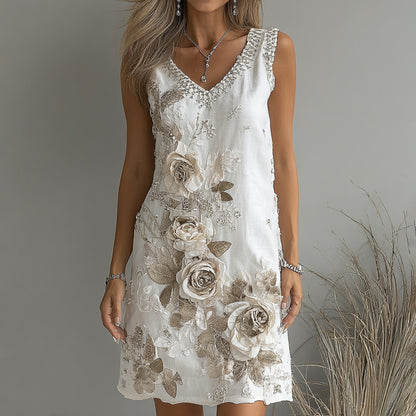 Women's Vintage Rose Art V-neck Sleeveless Mini Dress