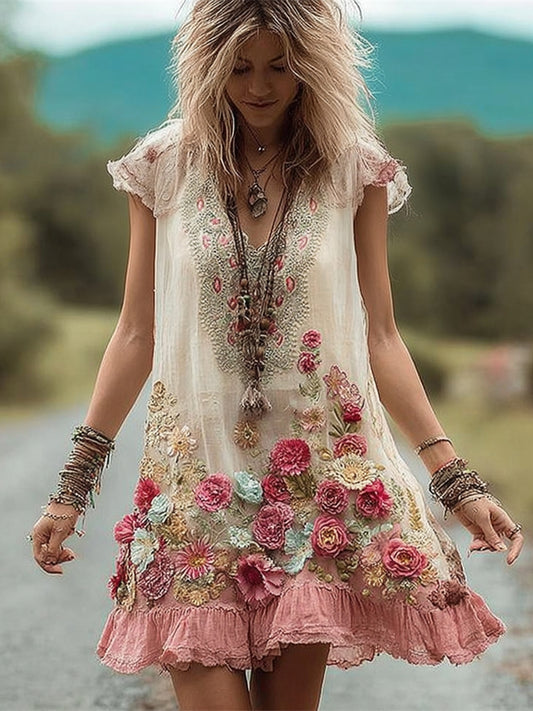 Boho Floral Art Embroidery Women's Linen Short Sleeve Mini Dress