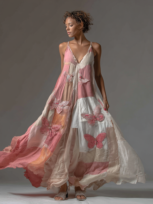 Women's Vintage Breast Cancer Awareness Butterfly Patchwork Sleeveless Dress
