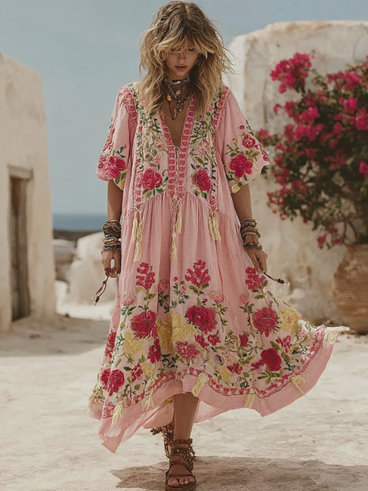 Women's Pink Rose Embroidery Bohemian V-neck Linen Blend Midi Dress