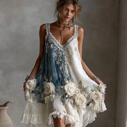 Women's Vintage Pink Rose Embroidery Art V-neck Suspender Mini Dress