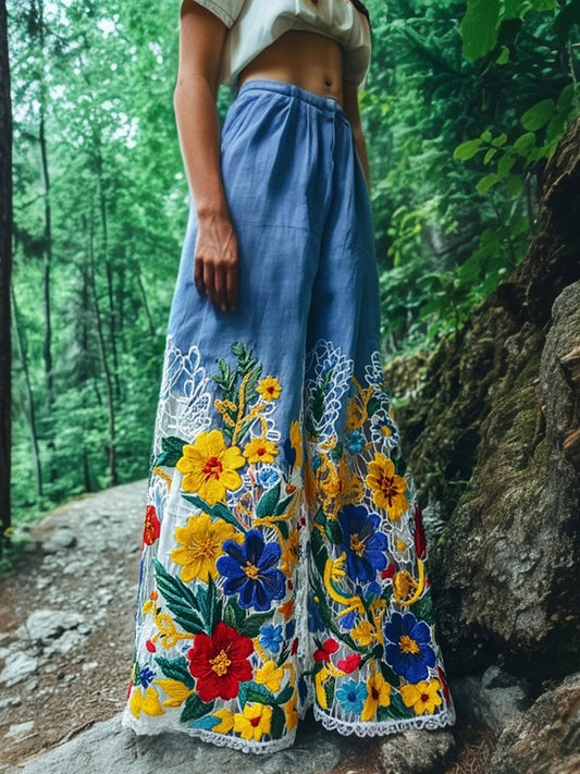 Vintage Floral Lace Embroidered Gradient Linen Pants