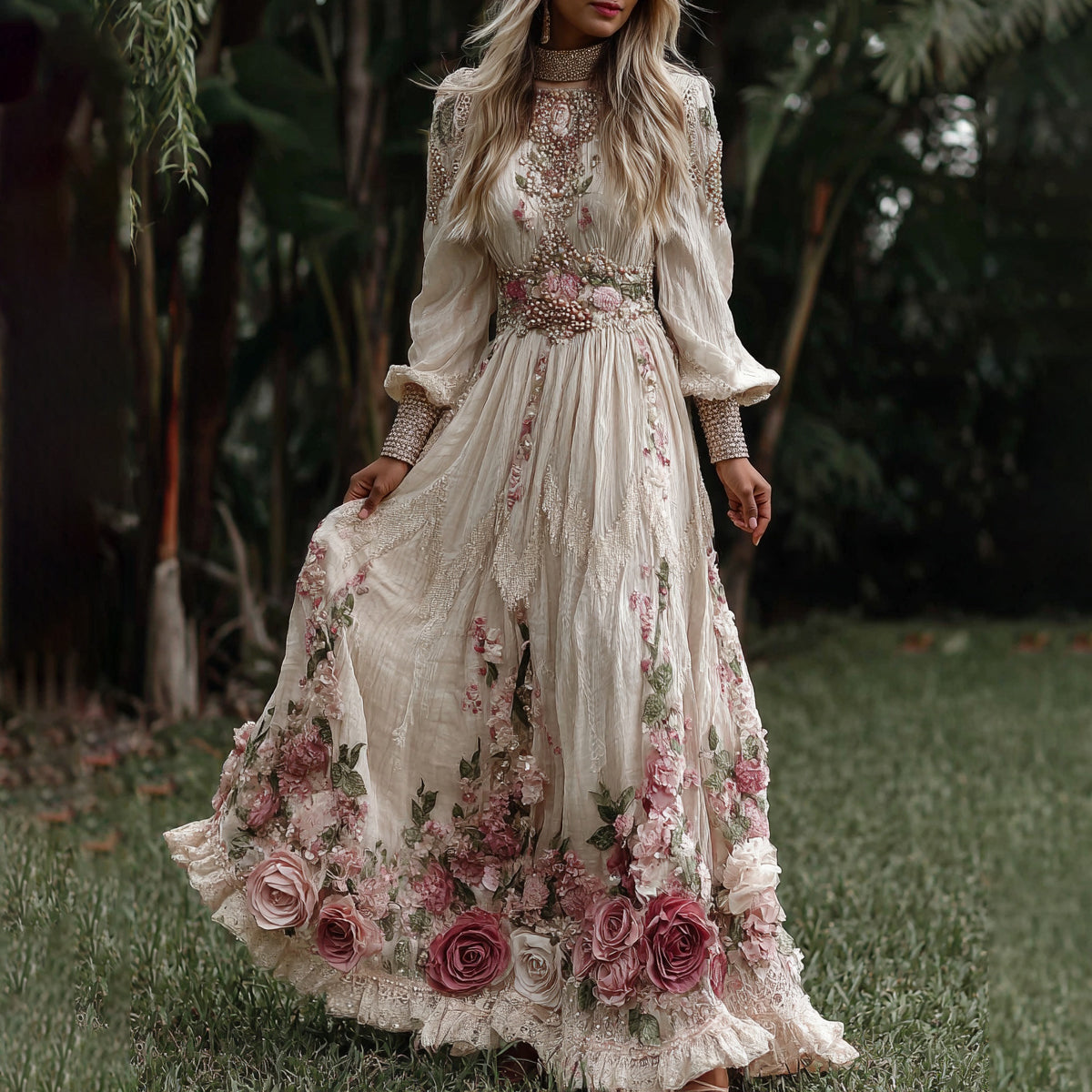 Women's Vintage Roses Embroidery Art Crew Neck Long Sleeves Maxi Dress