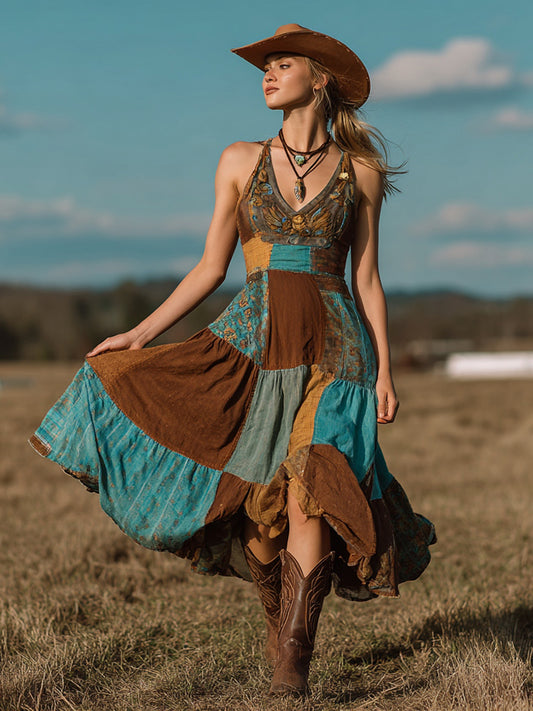 Vintage Western Style Patchwork V-neck Suspender Midi Dress
