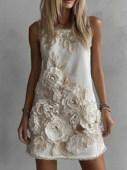 Women's White Rose Embroidered Art Round Neck Sleeveless Mini Dress