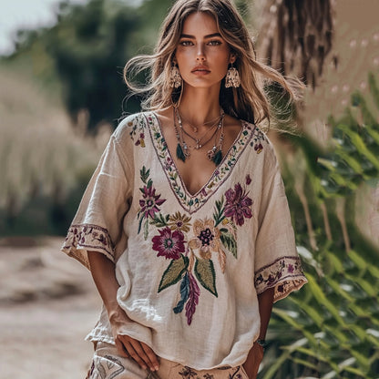 Women's Floral Embroidery V Neck Casual Linen Top